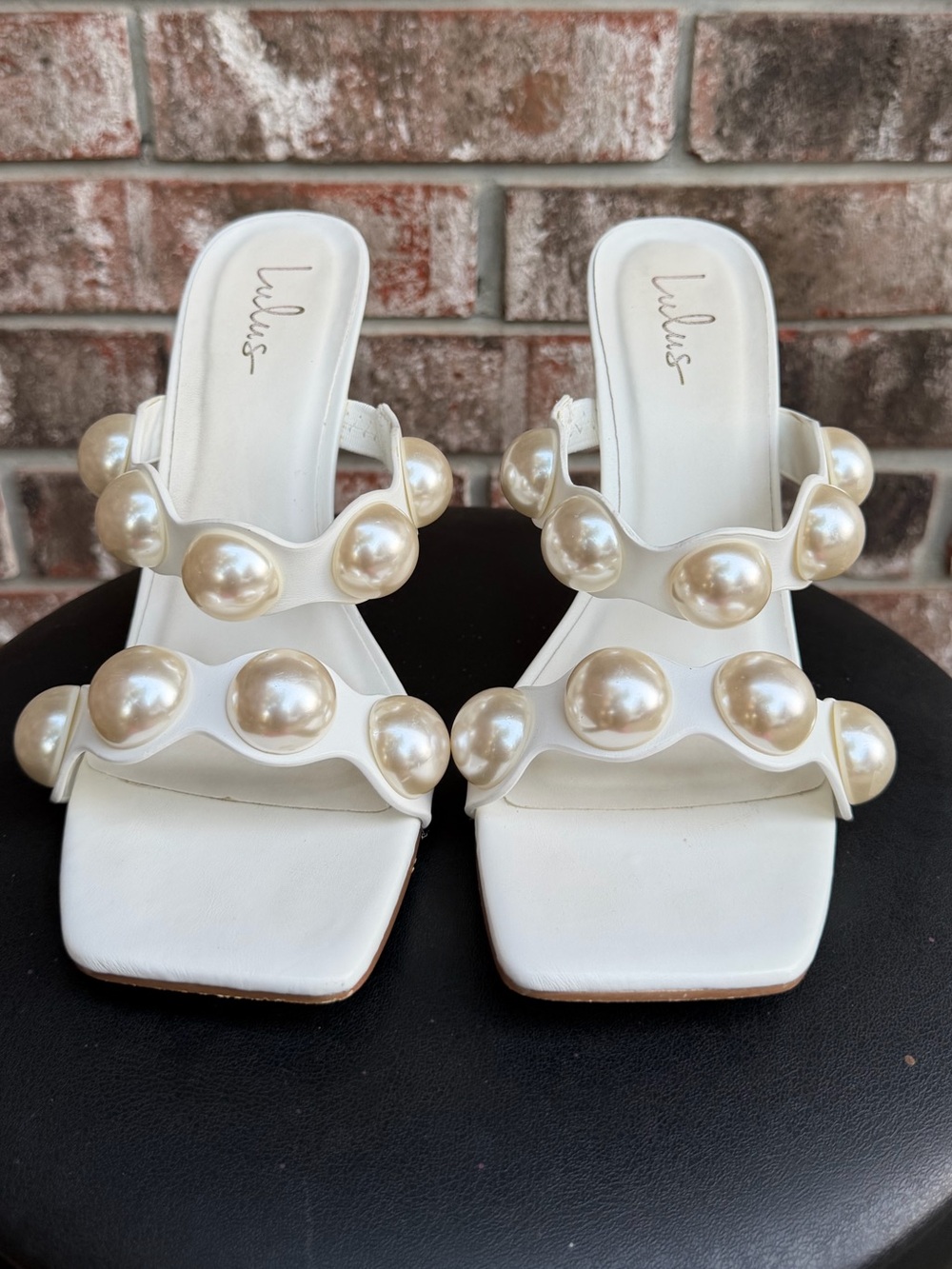 Lulu's Ivory Pearl-Embellished Two-Strap Slide Mules